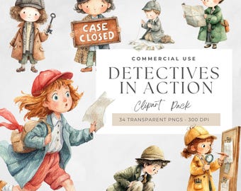 Detective Clip Art, Secret Agent Illustrations, Crime Scene Graphics, Digital Download PNG, Printable Art, Kids detectives, Sherlock, Spy