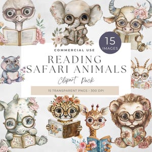 Animals Reading Books Clipart, Cute Safari PNG, Whimsical Animal Illustrations, Digital Art for Kids, Nursery Decor, Scrapbook, Crafts