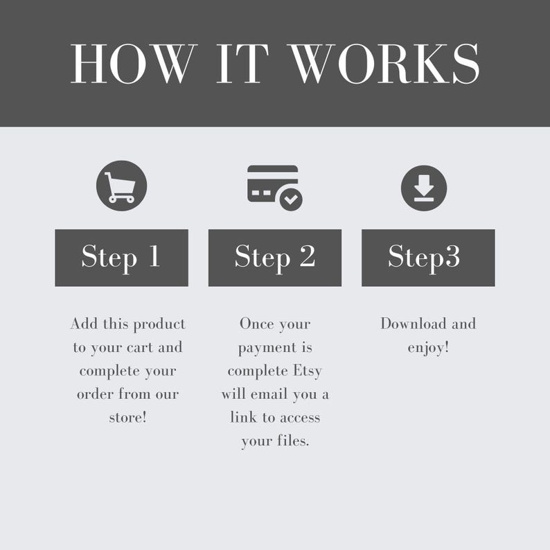 May include: An infographic titled "HOW IT WORKS" with three steps. Step 1: Add product to cart. Step 2: Complete payment. Step 3: Download and enjoy. Each step has a corresponding icon and description.