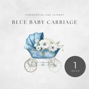 Kinderwagen bloem clipart, vintage aquarel png voor baby shower decor, bloemen kinderkamer kunst, digitale graphics bundel, blauw, kinderwagen