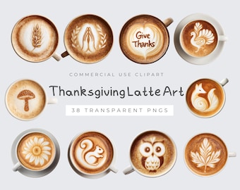 Thanksgiving Latte Art Clipart, Coffee Mug PNG, Fall, Autumn, Digital Download for Crafting, Watercolor Cafe Art, and Scrapbook Decor