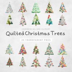 May include: A set of 25 watercolour illustrations of Christmas trees, each with a unique design. The trees are decorated with patchwork patterns and solid colours. Text reads "Quilted Christmas Trees" and "Commercial Use Clipart".