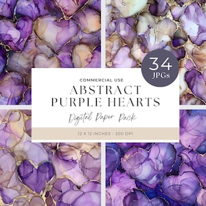 May include: A digital paper pack featuring 34 abstract purple heart designs. The hearts are created with alcohol ink and have a gold metallic finish. The designs are 12 x 12 inches and 300 DPI.