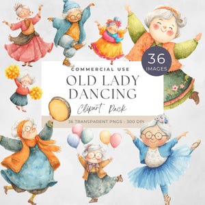 Old Ladies Clipart Dancing, Women PNG, Funny Digital Download, Watercolor Craft, Cheerful Elderly Art, Quirky Grandma, Grandmother