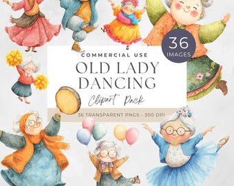 Old Ladies Clipart Dancing, Women PNG, Funny Digital Download, Watercolor Craft, Cheerful Elderly Art, Quirky Grandma, Grandmother