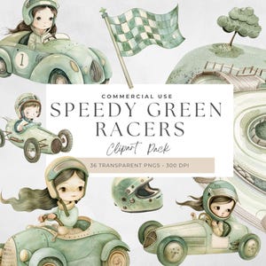 Aquarell grün Rennauto Clipart, Vintage Racing Aquarell Autos, digitale PNG-Dateien, süße Rennauto Clipart, Sofort Download, Fahrer, Digital