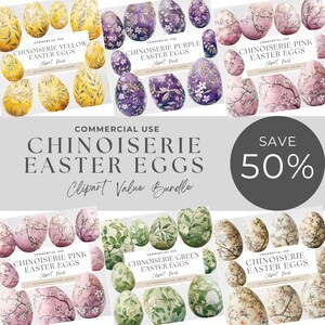 Chinoiserie Easter Eggs Clipart, Vintage Floral Designs, Digital Download, Perfect for Spring Decor, Brush Painting, Yellow, Purple, Blue