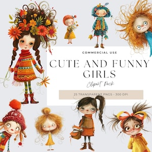 Whimsical Quirky Girl Clipart, Junk Journal, Quirky Girl Clipart, Whimsical Girls Clipart, Sublimation Png, Quirky Woman, Cute Girl, Whimsy