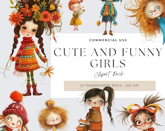 Whimsical Quirky Girl Clipart, Junk Journal PNG