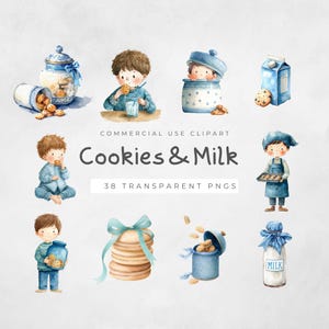 Cookie and Milk Clipart, Watercolor Cookies PNG, Digital Download for Baby Boy Shower, Birthday Party Deco