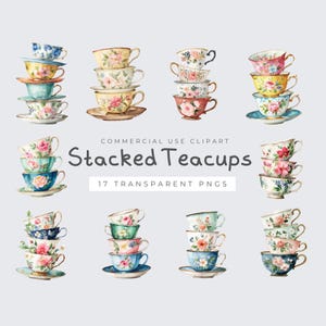 May include: Watercolor illustration of stacked teacups with floral designs in various colors. The image includes text that reads "Stacked Teacups" and "17 Transparent PNGs". The teacups are arranged in stacks of three to five.