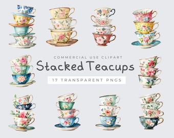 Stacked Teacups Clipart, Vintage Watercolor PNG Graphics for Tea Party Crafts, Digital Download, Floral Teacup Art, Tea Party Art