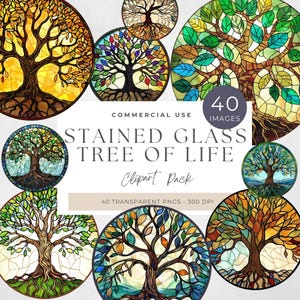 Puede incluir: Un conjunto de 40 imágenes de clipart de árbol de la vida de vidrio emplomado. Las imágenes están en una variedad de colores, incluyendo verde, azul, amarillo y rojo. Las imágenes son perfectas para usar en manualidades, scrapbooking y otros proyectos creativos.
