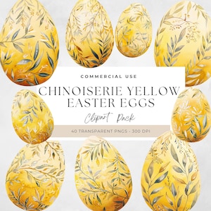 Chinoiserie paaseieren clipart, Grandmillennial Easter clipart, gele toile-eieren, grillige lente ontwerpen, perfect voor doe-het-zelfprojecten, png