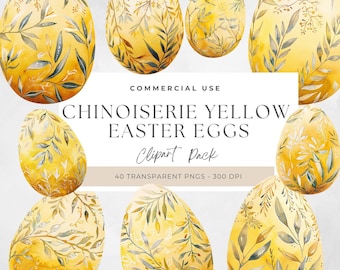 Chinoiserie paaseieren clipart, Grandmillennial Easter clipart, gele toile-eieren, grillige lente ontwerpen, perfect voor doe-het-zelfprojecten, png