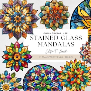Mandala Clipart Bundle, Faux Stained Glass Ornament Png, Round Stained Glass Png, Abstract Mandala Clipart, Spiritual Art for Scrapbooking