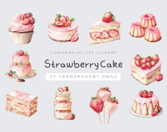 Pastel de fresa, imágenes prediseñadas, descarga digital PNG, postres de panadería en rosa ruborizado, lindos gráficos de comida para pegatinas