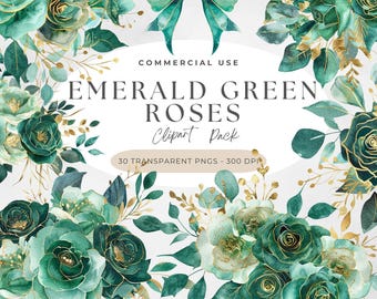 Emerald Green Roses Png, Enchanted Rose Png, Watercolor Floral Clipart, Wedding & Bridal Design, Bouquets, Borders, and Frames, Fantasy Rose