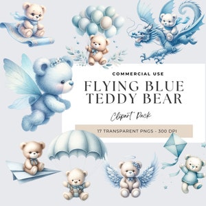Flying Bear Clipart, Blue Teddy Bear Watercolor Clipart, Aviator Bear,  Little Bear, Nursery, Cute Teddy Clipart for Boy, Baby Shower