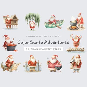 May include: Watercolor clipart set featuring Santa Claus in various Cajun-themed scenes. Santa is depicted cooking, fishing, and riding an alligator. The text "Cajun Santa Adventures" and "36 Transparent PNGs" are included.