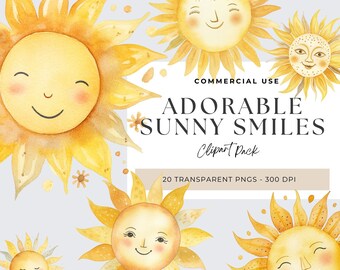 Here Comes The Son Clipart, Watercolor Cute Sun Clipart ,Cute Sun Faces Clipart, Cute Weather Clipart, Summer Clipart, Warm Sun Png Clipart