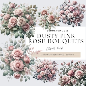 Light Pink Flower Clipart, Faded Pink Roses Bouquet, Pastel Roses Clip Art, Dusty Pink Blush Light Floral Clip Art, Wedding Flowers