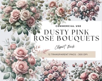 Op de afbeelding: Twaalf digitale illustraties van stoffige roze rozenboeketten met groene bladeren. De boeketten zijn in verschillende posities en maten gerangschikt. De tekst "COMMERCIAL USE DUSTY PINK ROSE BOUQUETS Clipart Pack 12 TRANSPARENT PNGS - 300 DPI" wordt weergegeven op een witte achtergrond.