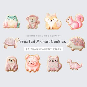 May include: A digital collection of 27 transparent PNG clipart images featuring frosted animal cookies. The set includes illustrations of a frog, monkey, fox, squirrel, turtle, hedgehog, sloth, pig, cat, and dinosaur with colorful sprinkles.