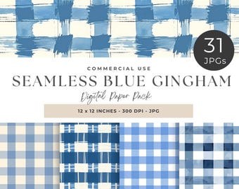 Blue Gingham Digital Paper: Seamless Plaid Patterns (JPG, Commercial Use)
