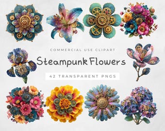 Steampunk Flowers Cliparts, Digital Download PNG, Vintage Ephemera, Craft Supplies, Printable Art for Journals, Futuristic Design