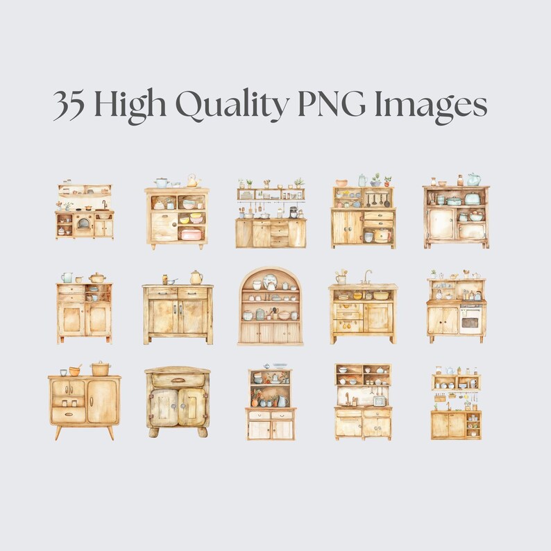 Kitchen Cabinet Clipart, Vintage Watercolor Pngs, Digital Download for ...
