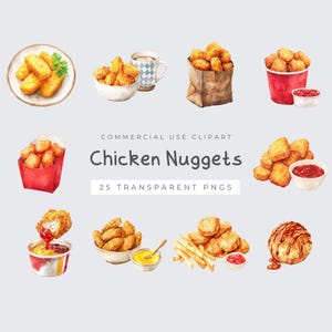 Pode incluir: Ilustração em aquarela de pepitas de frango em várias apresentações. Inclui pepitas num prato, numa tigela, num saco de papel e num recipiente vermelho. Inclui também molhos e batatas fritas. O texto diz "Chicken Nuggets" e "25 PNGs transparentes."