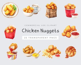 Clipart z nuggetsami z kurczaka – grafika fast food, soul food, do druku w formacie PNG, pobieranie cyfrowe dla dzieci