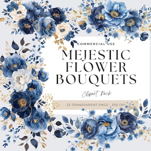 Royal Blue Flower Clipart, blauwe rozen clipart, bloemen clipart, aquarel pioenroos, blauwe bloemen, humeurig bloemstuk, Instant Download