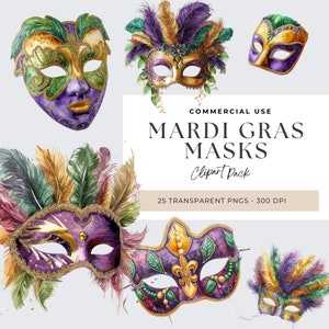 Puede incluir: Un conjunto de cinco m&aacute;scaras de Mardi Gras en acuarela con plumas doradas, moradas y verdes. Las m&aacute;scaras est&aacute;n decoradas con purpurina dorada y cuentas. El texto "COMMERCIAL USE" y "MARDI GRAS MASKS" est&aacute; escrito en negro sobre un fondo blanco. El texto "Clipart Pack" est&aacute; escrito en negro sobre un fondo blanco. El texto "25 TRANSPARENT PNGS - 300 DPI" est&aacute; escrito en negro sobre un fondo beige.