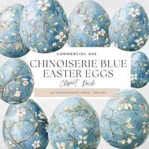 Chinoiserie Easter Eggs Clipart - Watercolor Chinoiserie Easter Eggs - Cute Bunny Clipart - Digital Art for Crafts - Instant Download - Blue