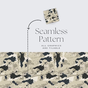 May include: A seamless pattern design featuring a camouflage-style pattern in shades of beige, black, and gray. The words "Seamless Pattern" are displayed in a stylish font, with the text "ALL GRAPHICS ARE TILABLE" below.