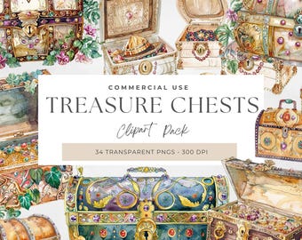 Treasure Chest Clipart Bundle, Watercolor, Card Making, Scrapbook Kit, Pirate Ship, Wooden Chest, Pirate Chest Images, Magical Theme Png