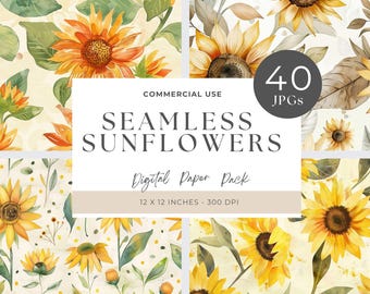 Papel digital sin costuras con diseño de girasoles en acuarela, estampados florales, fondos imprimibles, uso comercial, diseños otoñales, texturas otoñales, álbumes de recortes