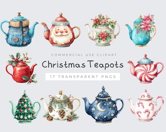 Clipart théière de Noël, vintage Tea Party PNG, téléchargement numérique, décoration de cuisine, Art de Noël, amateur de thé