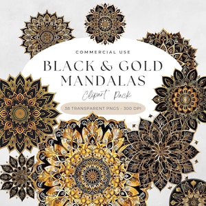 Gouden mandala png, boho spirituele illustraties Indiaas, mandala bloem digitaal, mandala clipartset, zwart en goud, Thais, yoga, holistische cirkels