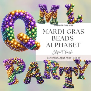 Puede incluir: Un conjunto de 26 letras del alfabeto hechas de cuentas moradas, verdes y doradas. Las letras deletrean "Mardi Gras Beads Alphabet Clipart Pack 26 Transparent PNGs - 300 DPI" y "PARTY".
