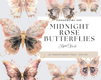 Imágenes prediseñadas de acuarela de mariposas rosas y doradas, elegantes gráficos PNG