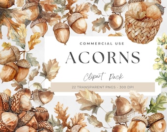 Vintage botanisk, ekollon clipart-paket, akvarell eklöv, höstlöv, höstgrönska och träd clipart, Thanksgiving, skogsdjur