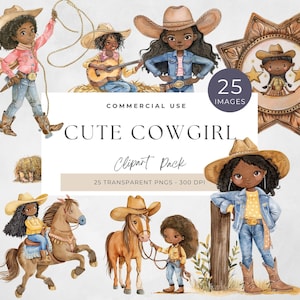 Clipart de Cowgirl Afro-Americana, Cowgirl Negra PNG, Rainha do Rodeio Melanina, Download Digital, Artesanato, Garota Bonita, Tema Ocidental, Laço, Cavalo