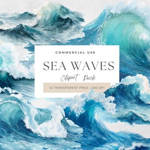 May include: Watercolor illustration of ocean waves in shades of blue and turquoise. The image includes a white rectangle with the text "COMMERCIAL USE SEA WAVES Clipart Pack 10 TRANSPARENT PNGS - 300 DPI". The artwork depicts the movement and power of the sea.