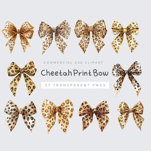 May include: Watercolor clipart featuring multiple cheetah print bows in various styles. The bows are in shades of tan, brown, and black, with a leopard print pattern. Text on the image reads "Cheetah Print Bow" and "27 Transparent PNGs".