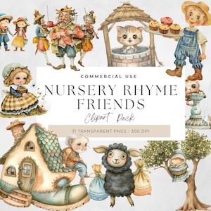 Clipart comptine aquarelle, téléchargement numérique, décoration de chambre d'enfant, illustrations de livres de contes, Humpty Dumpty, oeuvre d'art pour enfants, conte de fées, animal mignon