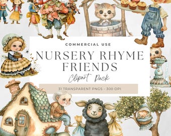 Watercolor Nursery Rhyme Clipart, Digital Download, Nursery Decor, Storybook Illustrations, Humpty Dumpty, Kids Art, Fairytale, Cute Animal