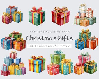 May include: Watercolor illustration of various Christmas gifts. The gifts are in different sizes and colors, including red, green, blue, and yellow, with ribbons and bows. The image includes the text "Christmas Gifts" and "23 Transparent PNGs".